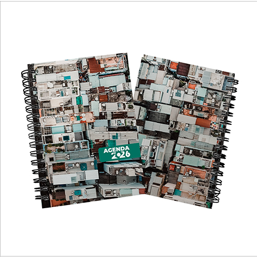 Agenda 2026 15X21cm com capa dura em papel empastada com cartão e debrú, laminação Prolan Wire-O e miolo pronto